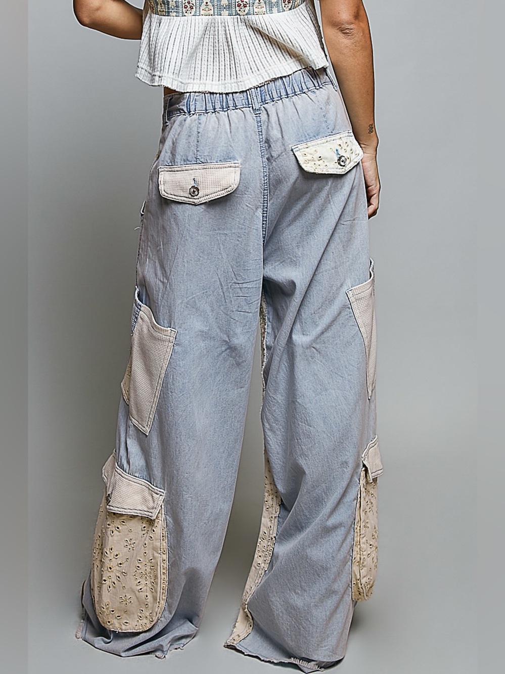 POL Cream jeans boho patchwork pocket Light Blue Patchwork Wide-Leg cargo Jeans - Picture 5 of 6